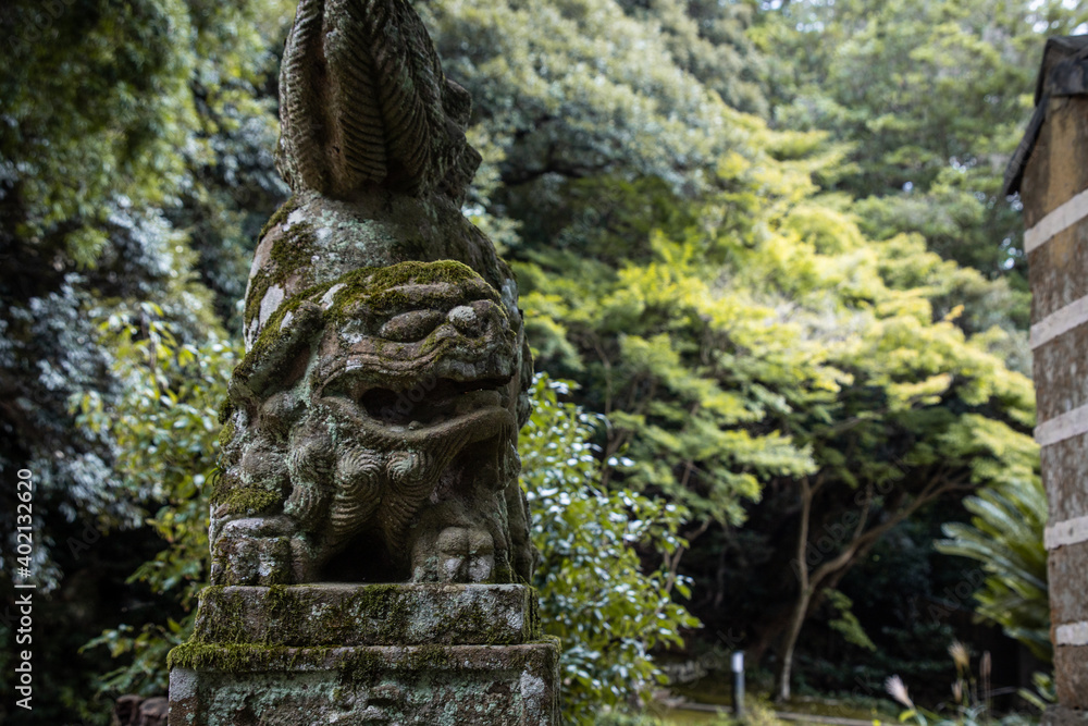 Old Komainu (lion-shaped guardian dog) statue with moss in Izumo Taisha Shrine, Izumo, Shimane, Japan.
