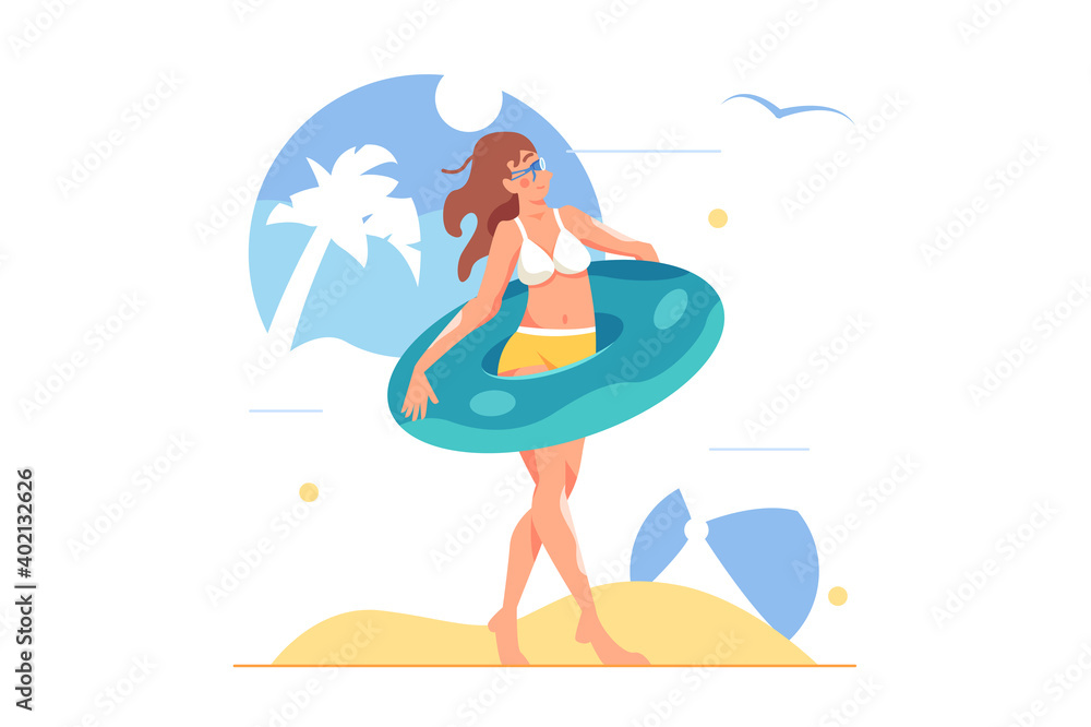 Girl in swimsuit with inflatable ring and in water glasses on the beach, big inflatable ball isolated on white background, flat vector illustration