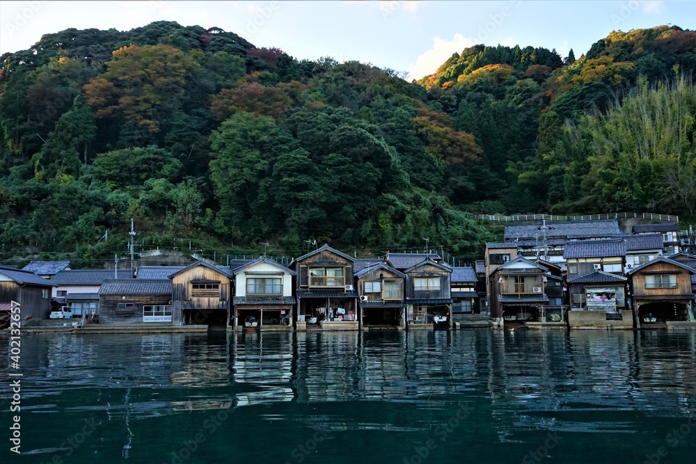 View of Funaya, boat houses, at Ine bay in Autumn , Ine city, Kyoto, Japan - 京都 伊根の舟屋 秋の景色 View of Funaya, boat houses, at Ine bay in Autumn , Ine city, Kyoto, Japan - 京都 伊根の舟屋 秋の景色