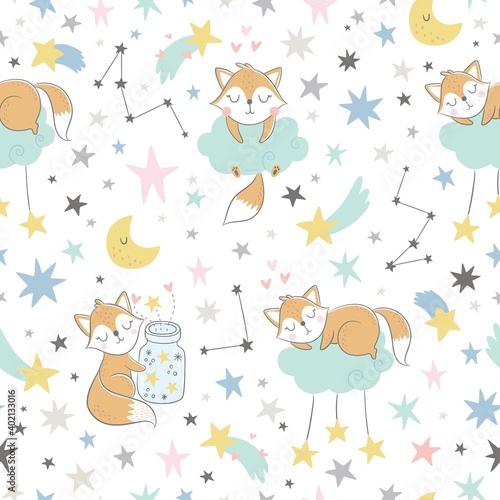 Seamless childish pattern with sleeping foxes  clouds  rainbow  jar with stars and constellations. Creative kids texture for fabric  wrapping  textile  wallpaper  apparel. Vector illustration