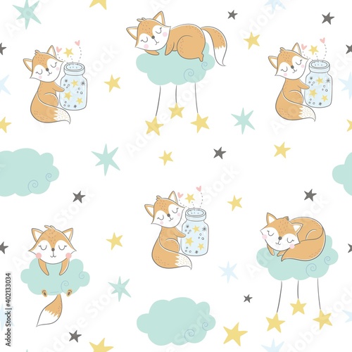 Seamless childish pattern with sleeping foxes, clouds, rainbow, jar with stars and constellations. Creative kids texture for fabric, wrapping, textile, wallpaper, apparel. Vector illustration