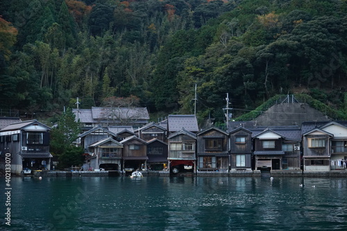 View of Funaya, boat houses, at Ine bay in Autumn , Ine city, Kyoto, Japan - 京都 伊根の舟屋