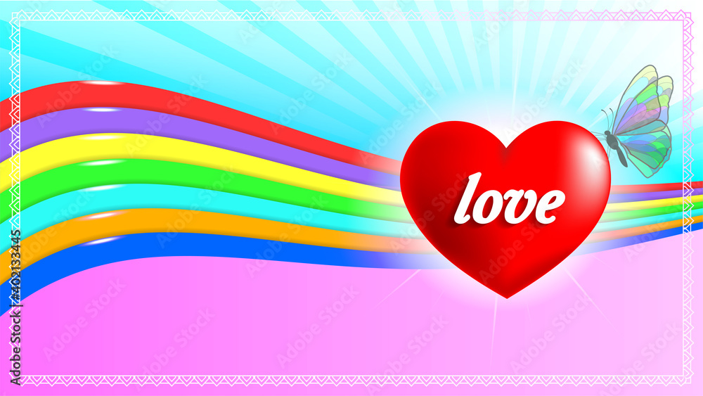 Bright holiday postcard. Red heart with the inscription Love and a translucent butterfly on the background of a light curved stylistic rainbow. Rays, shadows and glow in the white-pink frame. EPS10