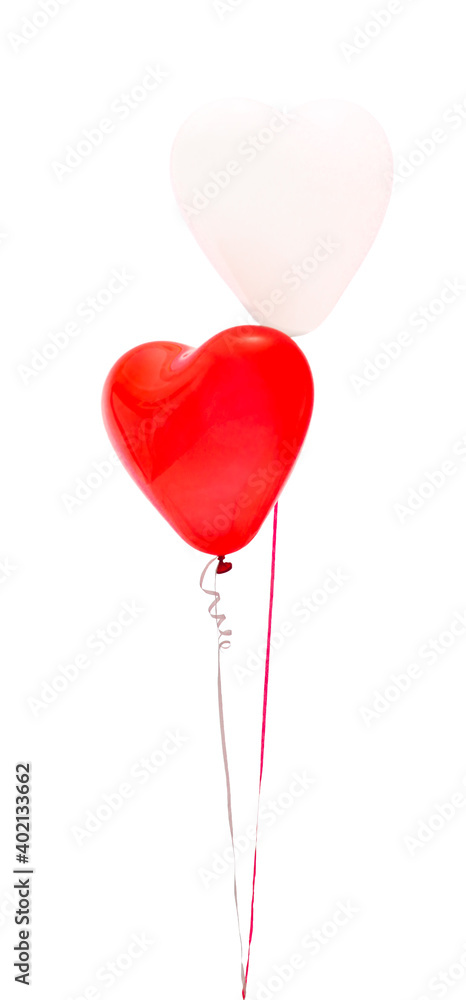 Two heart-shaped balloons, red and white on a white background, isolate