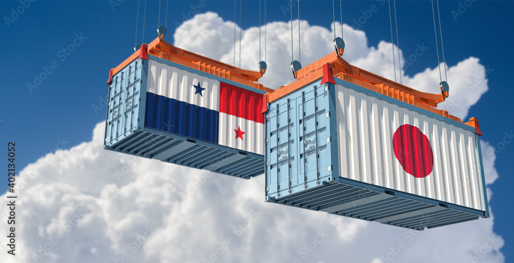 Freight containers with Japan and Panama national flags. 3D Rendering 