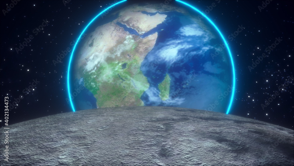 The surface of the moon overlooking the Earth planet against the backdrop of stars. Computer generated cosmic composition. 3D rendering elements of this image furnished by NASA