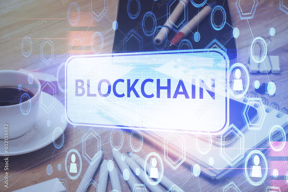 Double exposure of blockchain theme drawing and cell phone background. Concept of cryptomarket Double exposure of blockchain theme drawing and cell phone background. Concept of cryptomarket