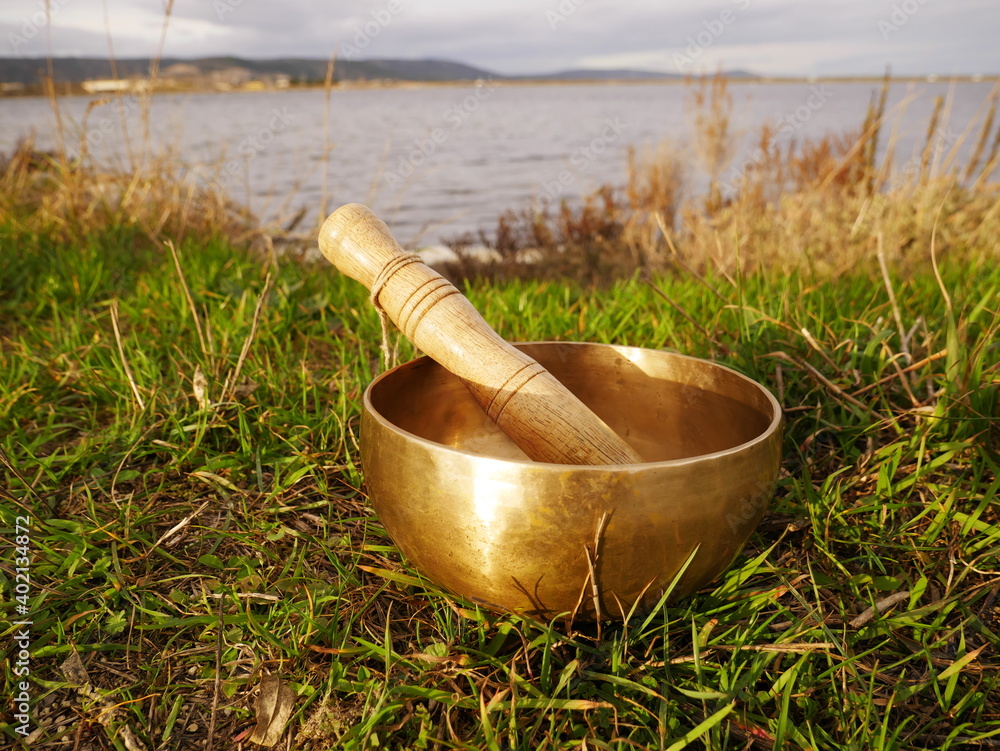 Singing bowl placed on the grass with the pond in the background Singing bowl placed on the grass with the pond in the background