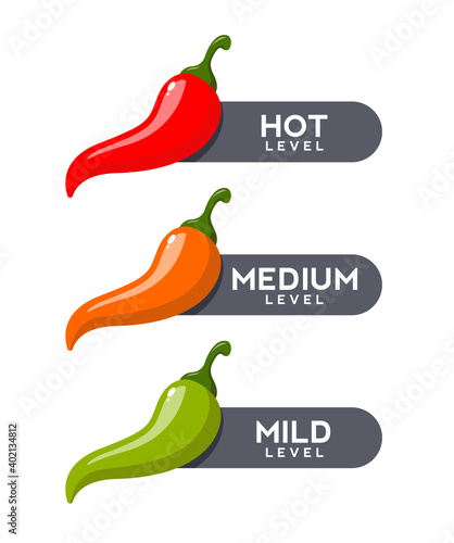 Set of hot red pepper strength scale. Indicator with mild, medium and hot icon positions.