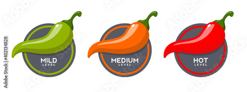 Set of hot red pepper strength scale. Indicator with mild, medium and hot icon positions.