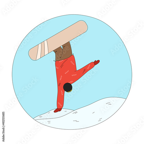 Man in red winter sportswear jumping during freeride and practicing snowboarding