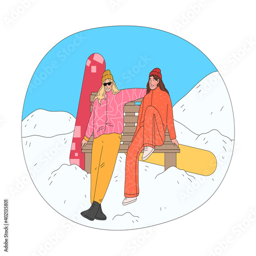 Girls sitting on bench and enjoying landscape taking rest after practicing snowboarding