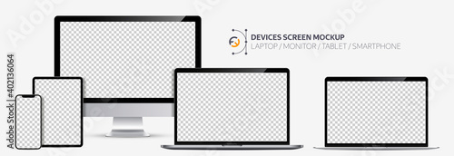Realistic devices screen mockup. Smartphone, tablet, laptop and display monitor, Silver color with blank screen for you design.  Isolated on transparent background. Vector illustration EPS10
