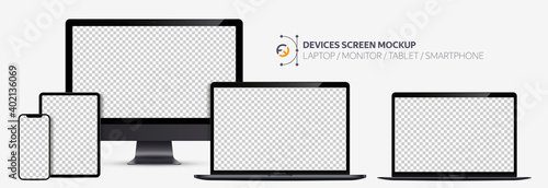 Realistic devices screen mockup. Smartphone, tablet, laptop and display monitor, Black color with blank screen for you design.  Isolated on transparent background. Vector illustration EPS10