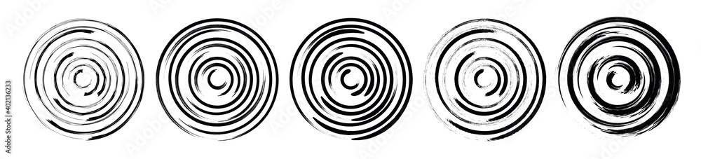 Set abstract spiral circle geometric shape. Grunge swirl concentric round background. Vortex pattern. Flat brush line design element. Vector illustration. Set abstract spiral circle geometric shape. Grunge swirl concentric round background. Vortex pattern. Flat brush line design element. Vector illustration.