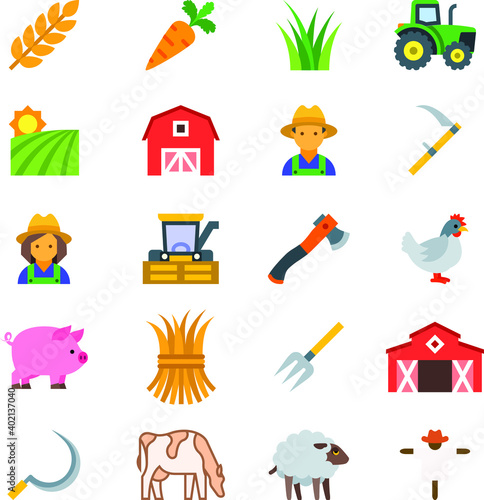 Farming or agriculture icons carrot tractor haystack axe sickle hen rooster barn house cow sheep goat scarecrow pig farmer farm field wheat heavy machine vehicle grass