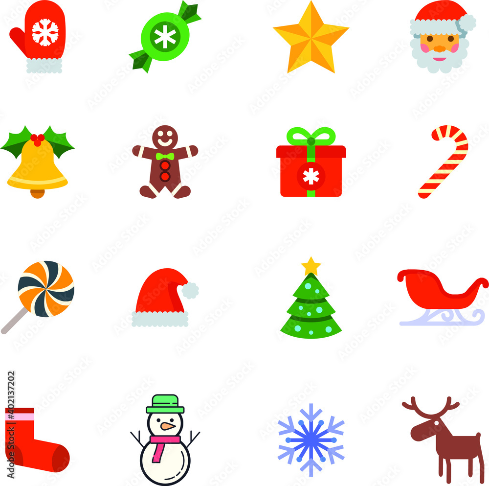 Christmas icons of gingerbread Santa hat candy reindeer sledge tree decoration snowman socks bell hand gloves chocolate stars gifts present snowflakes 