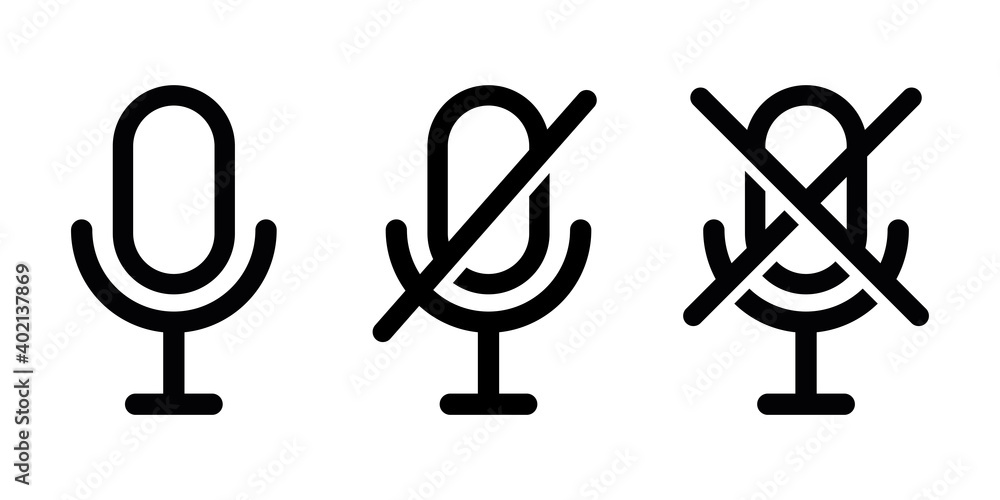 Microphone icon on and off. Microphone button disabled. No sound outline  symbol isolated. Mic crossed out. Vector illustration. Stock Vector | Adobe  Stock