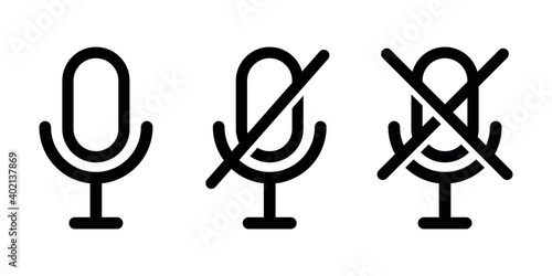 Microphone icon on and off. Microphone button disabled. No sound outline symbol isolated. Mic crossed out. Vector illustration.