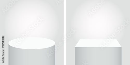 Circle and square podium, pedestal for product. 3d style stand illustration for an exhibition and presentation. Vector showcase