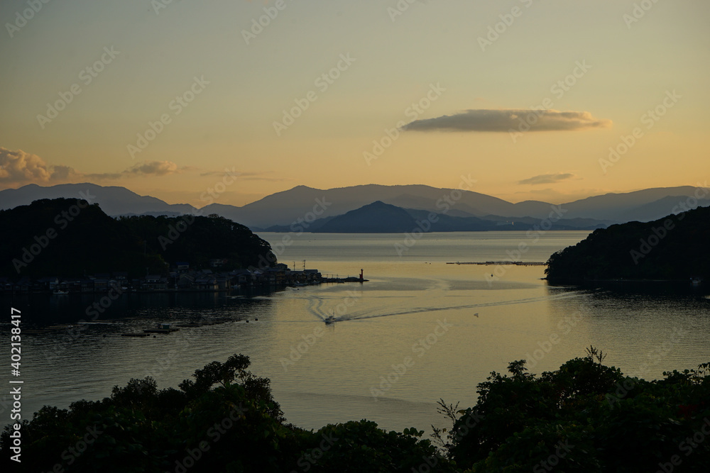 Aerial View of Ine bay and Funaya, boat houses, with beautiful sunset from Observation deck in Autumn, Ine city, Kyoto, Japan - 京都 舟屋群展望所から見た伊根湾の夕日