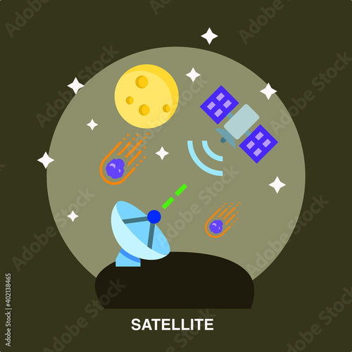 satellite sending signals to large antenna on earth with moon stars asteroids or meteor in space flat concept icon design
