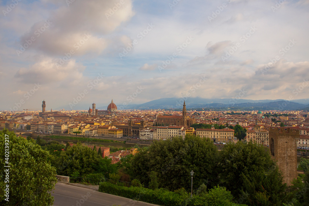 Cityscape of Florence, Italy, seen from Piazzale Michelangelo, on a cloudy, summer morning. 