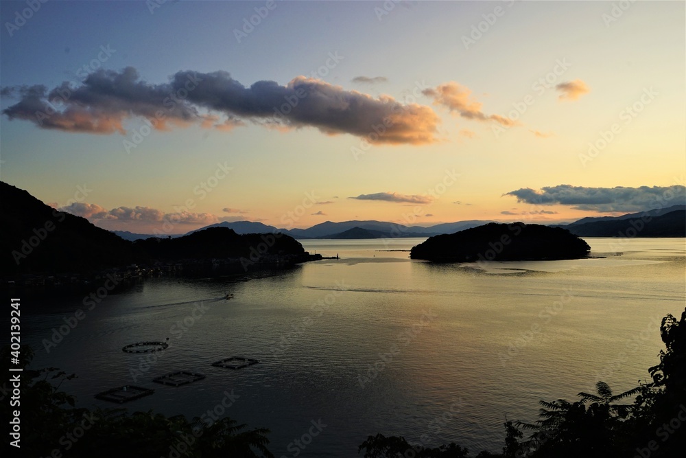 Aerial View of Ine bay and Funaya, boat houses, with beautiful sunset from Observation deck in Autumn, Ine city, Kyoto, Japan - 京都 舟屋群展望所から見た伊根湾の夕日