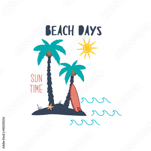 palm tree starfish sun text line wave surfboard ocean sae leaf jungle tee illustration art vector tee slogan