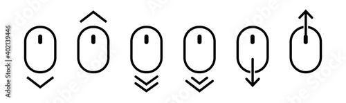 Scroll mouse icon collection. Scroll down and up line icons set. Scrolling outline vector symbol. Vector illustration.
