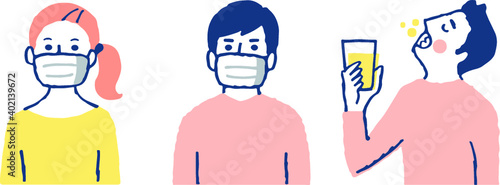 マスクをしている男女　うがいする男性