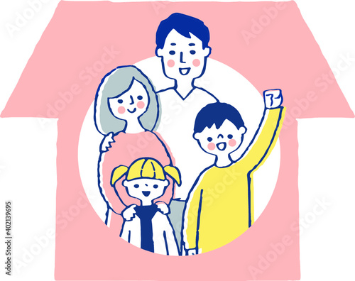 家と笑顔の4人家族