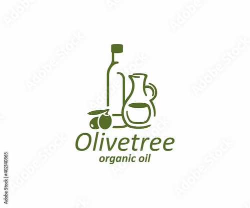 Olive oil logo design. Glass bottle and jug with olives vector design. Olives branch and extra virgin natural organic oil logotype