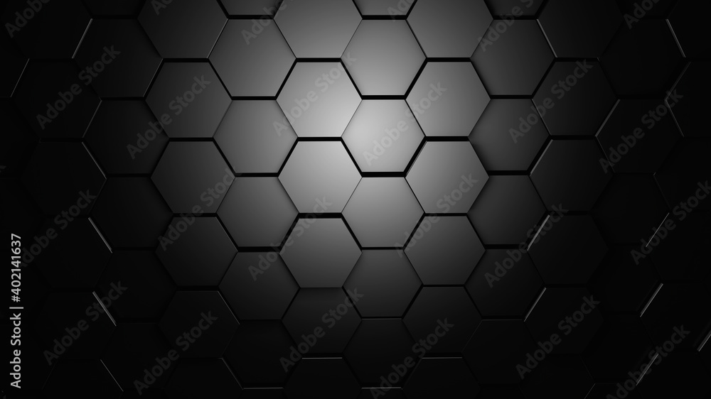 Abstract background, black hexagons on a dark background. Abstract Studio of the future. 3d render illustration Abstract background, black hexagons on a dark background. Abstract Studio of the future. 3d render illustration