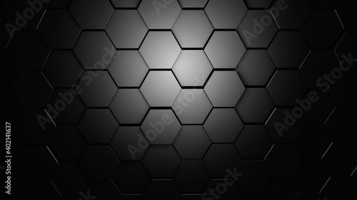 Abstract background  black hexagons on a dark background. Abstract Studio of the future. 3d render illustration