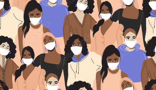 Coronavitus mask , Black woman in medical mask Covid-19. Quarantine social distance, infected group people, girl face in white mask. Vector seamless pattern illustration. Flu outbreak news, vaccine.