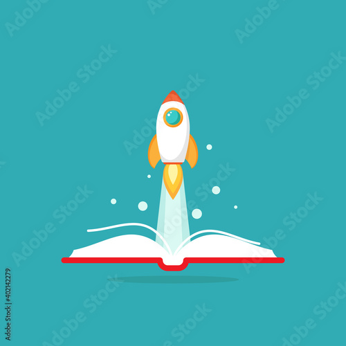 Open book with rocket ship. Vector flat illustration on blue background.