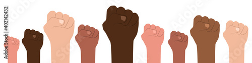Revolution or protest concept. Vector banner raised his hand. Protest against racism and humiliation. Vector illustration EPS 10