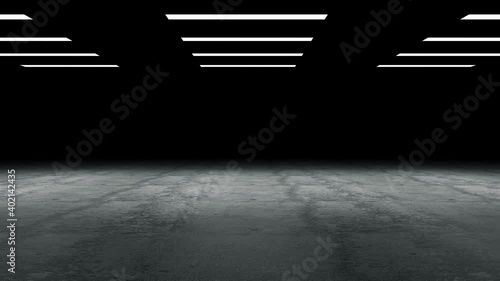 4K Animation of Lamps Turn On and Illuminated Empty Concrete Floor in Warehouse photo