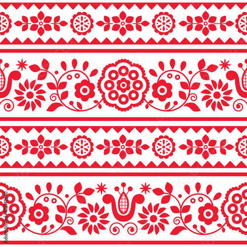 Polish traditional vector seamless embroidery pattern with flowers and hearts inspired by folk art embroidery Lachy Sadeckie - textile or fabric print ornament
	