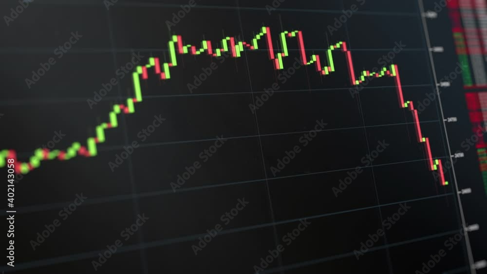 Stock market graph animation. Crypto currency changing. Online market exchange. Chart of bitcoin. Green, red candlesticks. Increase and decrease. Financial Business data displayed on screen Stock market graph animation. Crypto currency changing. Online market exchange. Chart of bitcoin. Green, red candlesticks. Increase and decrease. Financial Business data displayed on screen