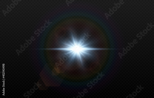 Vector blue light with lens flares. Sun, sun rays, dawn, glare from the sun png. Explosion of blue light. Blue flare png, glare from flare png.