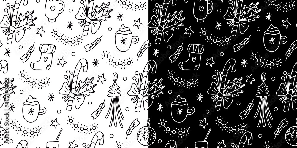 Set of vector Christmas seamless patterns with Xmas decorations, mugs, socks, candies on white and black. Great for fabrics, wrapping papers, covers. Illustration in doodle sketch style, black outline Set of vector Christmas seamless patterns with Xmas decorations, mugs, socks, candies on white and black. Great for fabrics, wrapping papers, covers. Illustration in doodle sketch style, black outline
