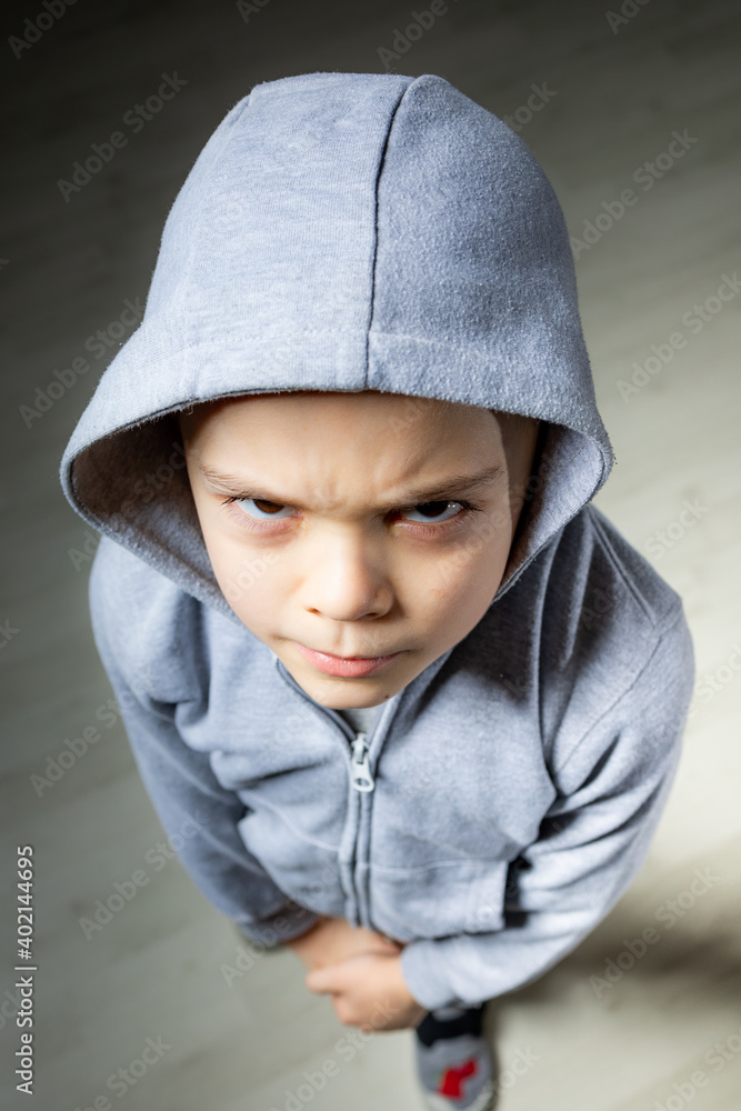 Portrait of happy little cool boy wearing hooded sweatshirt. Portrait of happy little cool boy wearing hooded sweatshirt.