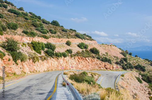 Aerial view over curved mountain road, Datca, Turkey