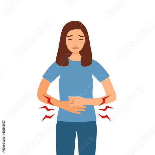 Woman feel pain in stomach concept vector illustration on white background. Diarrhea or constipation. Abdomen disease and illness. Period pain in flat design.	