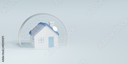 3D of house inside glass transparent dome. Protection and safety concept. Symbols of real estate investors, Insurance.