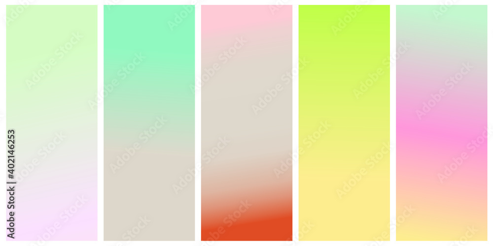 Set of vector gentle pastel simple trendy gradients. 2021 collection of modern colors. Palette for decoration and design. Isolated. Stretching color. Green, gray, pink, beige, blue, lilac, terracotta