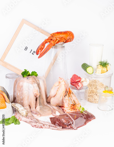 Vitamin B12 containing foods, rich in cobalamin products. Healthy eating concept