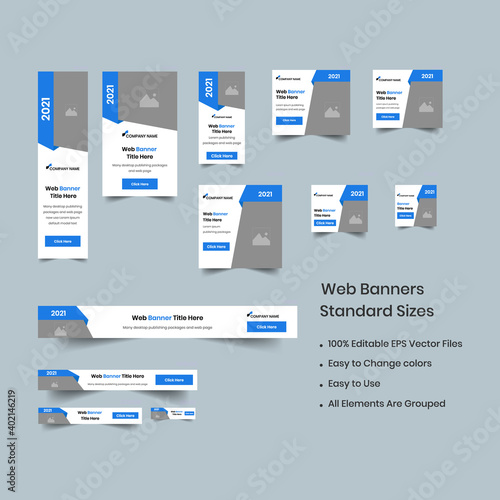 Web set of creative banners of standard size with a place for photos. Business ad banner. Vertical, horizontal and square template. social ad banner vector EPS file